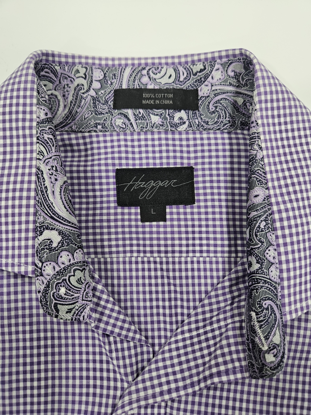 Haggar Lavender Gingham Dress Shirt with Paisley Trim